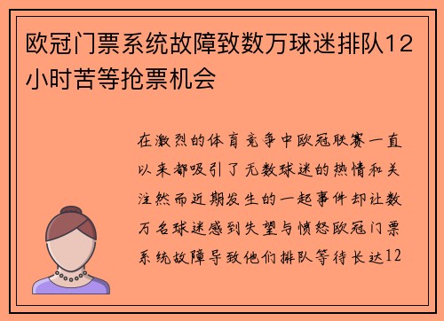 欧冠门票系统故障致数万球迷排队12小时苦等抢票机会